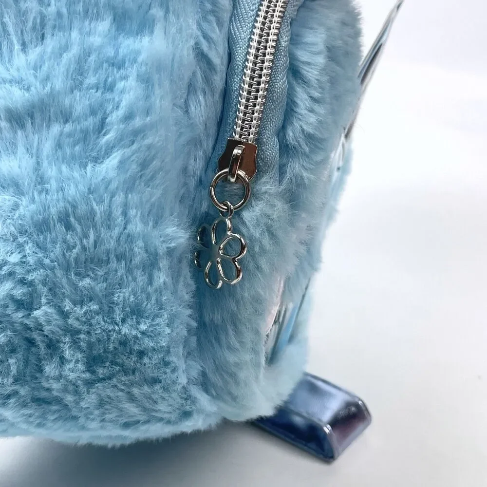 Disney Lilo & Stitch Faux Fur Mini Backpack Blue Fuzzy Sequin Bag EUC